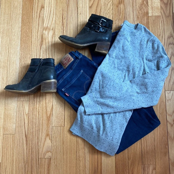 LOFT Gray Black Polka Dot Crew Neck Sweater Vented Hem Pullover Grey Minimalist - Picture 2 of 7